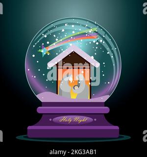 Illustrazione della Santa nascita di Gesù Cristo nella capanna con Maria e Giuseppe dentro una palla di cristallo - concetto della natività Illustrazione Vettoriale