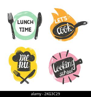 Set di logo Doodle Cooking food. Badge da cucina vettoriali disegnati a mano, etichette. Illustrazione Vettoriale