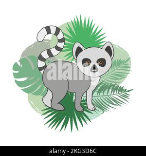Simpatico lemur cartoon con foglie di palma. Illustrazione vettoriale. Illustrazione Vettoriale
