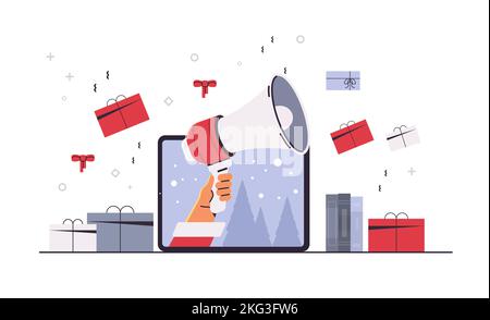 babbo natale con altoparlante a mano sullo schermo del computer portatile nuovo anno natale festeggiamenti concetto di celebrazione Illustrazione Vettoriale