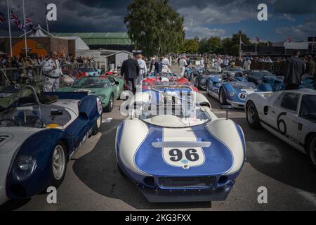 Una McLaren Chevrolet M1B si conclude appena una gara sul circuito Goodwood Motor durante il Goodwood Revival Foto Stock