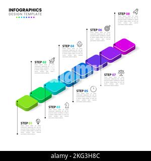 Modello infografico con icone e 8 opzioni o passaggi. Può essere utilizzato per il layout del flusso di lavoro, il diagramma, il banner, il webdesign. Illustrazione vettoriale Illustrazione Vettoriale