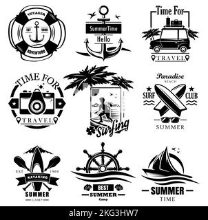 Vettore set di vacanze estive, vacanze crociera, viaggio su strada, kayak e surf sport acquatici vintage loghi monocromatici, emblemi, etichette e. Illustrazione Vettoriale