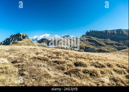 Primo piano erba secca sparata e vista sulle montagne con bianche vette innevate dietro la montagna rocciosa sotto il cielo blu nel sud della Francia. Foto Stock