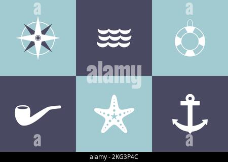 Set di icone marine. Colori blu. Ispirazione nautica. Illustrazione vettoriale, design piatto Illustrazione Vettoriale