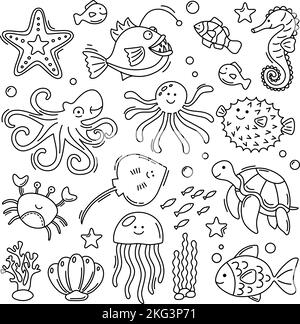 Felice collezione di animali da doodle subacquei. Set vita marina Illustrazione Vettoriale