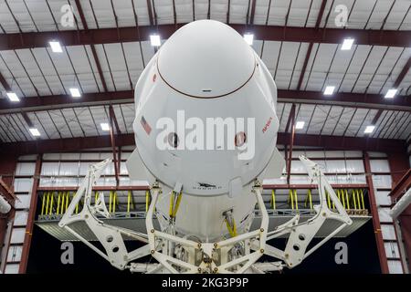 SpaceX Crew-5 Roll to Pad. Il razzo Falcon 9 di SpaceX, con la navicella spaziale Dragon Endurance in cima, si prepara ad uscire dallo stabilimento di lavorazione orizzontale della società per lanciare il Complex 39A presso il Kennedy Space Center in Florida il 1 ottobre 2022, per il lancio dello SpaceX Crew-5 della NASA. ENDURANCE porterà gli astronauti della NASA Nicole Mann, comandante; Josh Cassada, pilota; e gli Specialisti Missionari Koichi Wakata, della JAXA (Japan Aerospace Exploration Agency), e il cosmonauta Roscosmo Anna Kikina alla Stazione spaziale Internazionale per una missione di spedizione scientifica come parte del Commercial Crew Program della NASA. L Foto Stock