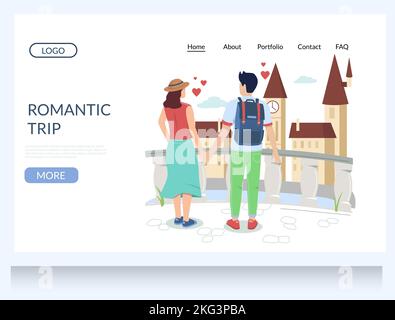 Modello romantico di sito vettoriale di viaggio, pagina web e landing page design per lo sviluppo di siti web e mobili. Felice coppia innamorata dello zaino tr Illustrazione Vettoriale