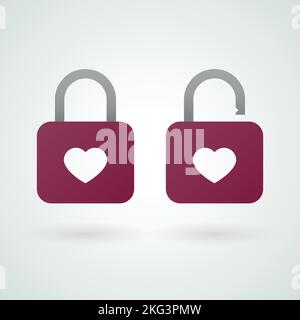 Lucchetto chiuso e aperto icone d'amore. Illustrazione vettoriale, design piatto Illustrazione Vettoriale