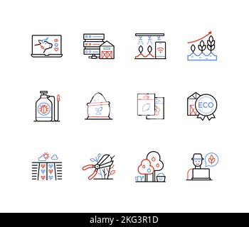 Prodotti sostenibili e agricoltura - icone moderne e colorate in stile design di linea Illustrazione Vettoriale