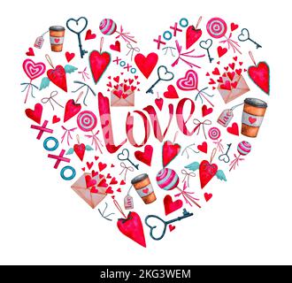 Simboli dell'amore a forma di cuore. Acquerello caramelle, lecca lecca, iscrizione, lettera d'amore e altri elementi. Concetto di amore per cartoline, etichetta Foto Stock