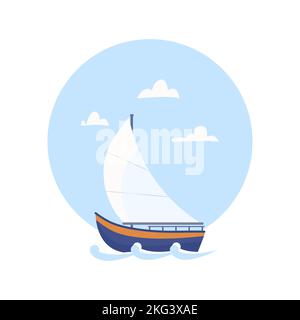 Barca a vela in mare sulle onde. Illustrazione dell'elemento di design del logo vettoriale Illustrazione Vettoriale