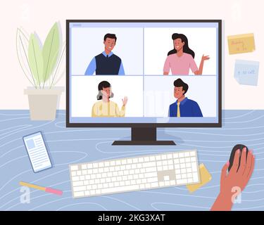 Area di lavoro con schermo del computer. Gruppo di persone che parlano via internet. Team aziendale che lavora online. Concetto di istruzione a distanza a casa. Luogo di lavoro Illustrazione Vettoriale
