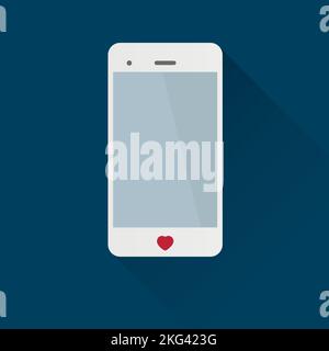 Smartphone con pulsante a cuore e ombra lunga. Concetto di amore. Illustrazione vettoriale, design piatto Illustrazione Vettoriale