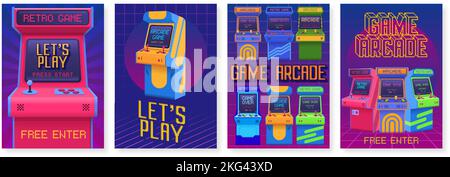 Poster dei giochi retrò. Volantino di invito all'evento di gioco Arcade, consente di giocare poster con le vecchie macchine da gioco vettore set Illustrazione Vettoriale