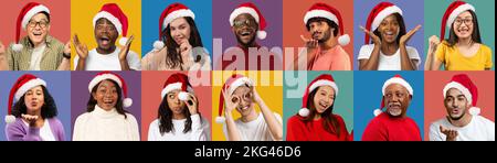 Umore di festa. Diverse persone allegre Multietnic che indossano cappelli di Santa su sfondi colorati Foto Stock