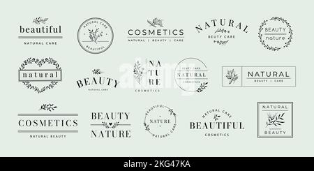 Etichetta di prodotti di bellezza. Etichetta cosmetica naturale con ornamenti floreali, elegante spa e cura etichette marketing design set vettoriale Illustrazione Vettoriale