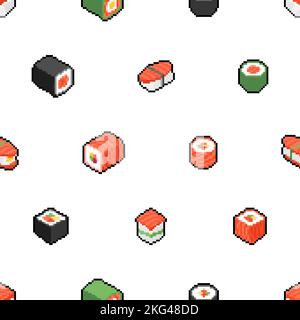Sushi rotola pixel art pattern senza cuciture. 8 bit cibo tradizionale giapponese sfondo. Pixelated Vector texture Illustrazione Vettoriale