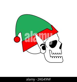 Cranio di elfo di Natale. Testa scheletrica dell'aiutante di Babbo Natale. Natale e Capodanno spaventoso illustrazione. Illustrazione Vettoriale