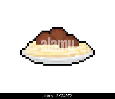 Meatball con pasta pixel art. 8 bit palla di carne. Pixelated food Vector Illustration Illustrazione Vettoriale