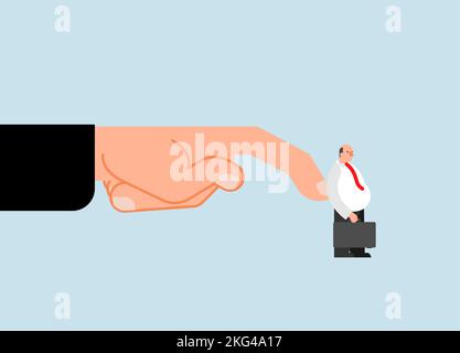 Una mano enorme spinge il lavoratore. Concetto di licenziamento dall'ufficio Illustrazione Vettoriale