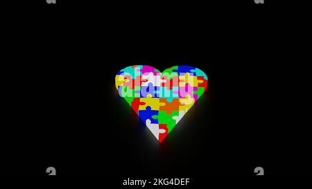 Il simbolo dell'autismo è un puzzle multicolore al neon in forma di cuore nelle mani di genitori premurosi. Cura e amore per i bambini spettro autismo Foto Stock