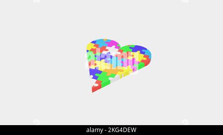 Il simbolo dell'autismo è un puzzle multicolore sotto forma di cuore nelle mani di genitori premurosi. Cura e amore per i bambini disor spettro autismo Foto Stock