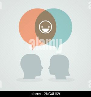 Dialogo sulla felicità. Bolle del discorso, testa di uomo e di donna. Illustrazione vettoriale, design piatto Illustrazione Vettoriale