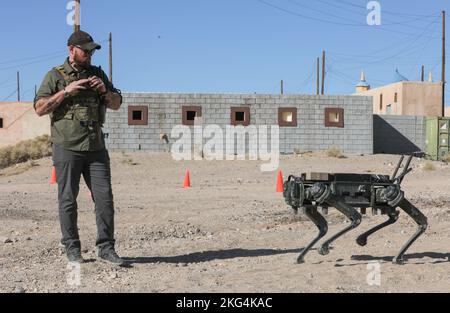 Un partner del settore Project Convergence 22 controlla un robot fantasma Vision 60 durante Project Convergence 22 a Fort Irwin, California, il 28 ottobre 2022. La sperimentazione sulla convergenza dei progetti 22 incorpora tecnologie e concetti di tutti i servizi e di partner multinazionali, anche nei settori dell'autonomia, della realtà aumentata, delle comunicazioni tattiche, della produzione avanzata, dei sistemi aerei senza equipaggio e degli incendi a lungo raggio. #ProjectConvergence,#ProjectConvergence2022,#PC22,#JointOperatio, Foto Stock