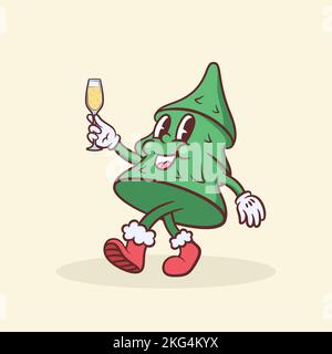 Natale e Capodanno carattere di cartone animato retrò. Pino con bicchiere di champagne che cammina insieme. Illustrazione di mascotte vettoriali in fumetto vintage alla moda Illustrazione Vettoriale