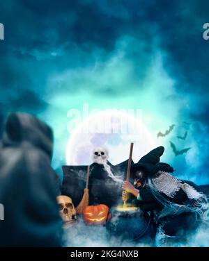 3D illustrazione,Halloween festival concetto di sfondo verticale, la strega è coccting veleno in un cauldron magico, uomini misteriosi e fantasmi di Halloween Foto Stock