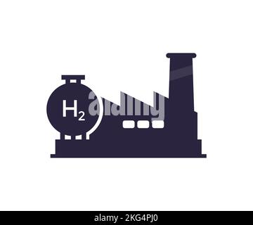 Produzione di energia e industria pesante. Silhouette impianto chimico. Linea di produzione industriale con moderno stoccaggio di idrogeno e H2 idrogeno. Illustrazione Vettoriale