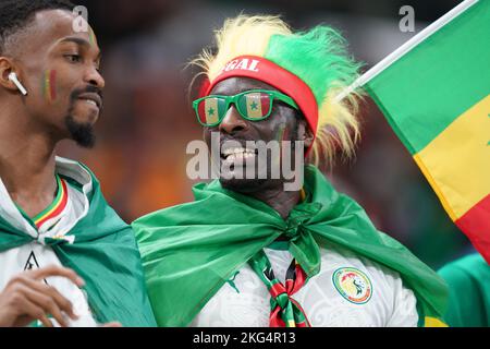 Doha, Qatar. 21st Nov 2022. DOHA, QATAR - 21 NOVEMBRE: Sostenitore del Senegal prima della Coppa del mondo FIFA Qatar 2022 gruppo Una partita tra Senegal e Paesi Bassi al Thumama Stadium il 21 novembre 2022 a Doha, Qatar. (Foto di Florencia Tan Jun/PxImages) Credit: PX Images/Alamy Live News Foto Stock