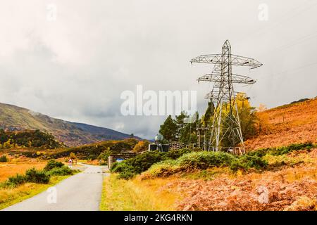 Deanie Power Station nel remoto Glen Strathfarrar nelle Highlands scozzesi con piloni e linee elettriche. Autunno con felci dorati. Spazio di copia. Ho Foto Stock