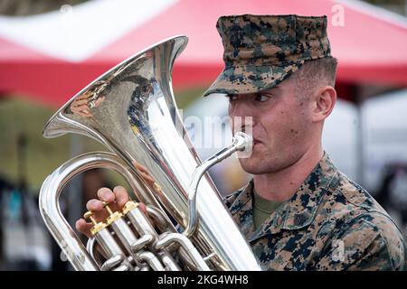 U.S. Marine Corps Sgt. Paul Odacre, un musicista con la III Marine Expeditionary Force Band, si esibisce per i partecipanti durante il Fuji Friendship Festival al Combined Arms Training Center Camp Fuji, Shizuoka, Giappone, 29 ottobre 2022. I partecipanti al festival sono stati in grado di visualizzare esposizioni statiche, ascoltare spettacoli dal vivo e interagire con il personale militare statunitense e della forza di autodifesa di terra giapponese. Il Fuji Friendship Festival è uno dei molti eventi Marine Corps Installations Pacific organizza in tutto il Pacifico per rafforzare l'alleanza Giappone-Stati Uniti e mostrare le capacità del corpo dei Marine di ospitare la nazione risiede Foto Stock