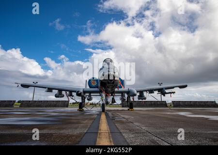 Un A-10C Thunderbolt II si trova sulla linea di volo presso la base dell'aeronautica militare Andersen, Guam, 30 ottobre 2022. L’aeromobile è volato dalla base dell’aeronautica Moody, Georgia, a sostegno di un’operazione Dynamic Force Employment che consente una moltitudine di esercizi di preparazione e addestramento portando aerei unici nell’area operativa delle forze aeree del Pacifico. Foto Stock