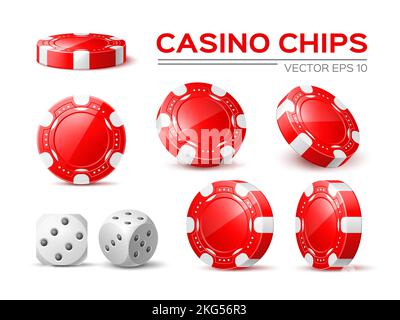 Chip rossi realistici del casinò. Collezione di accessori per il gioco d'azzardo, diversi angoli di visualizzazione, poker e roulette scommesse, dadi bianchi con puntini neri, fortuna Illustrazione Vettoriale