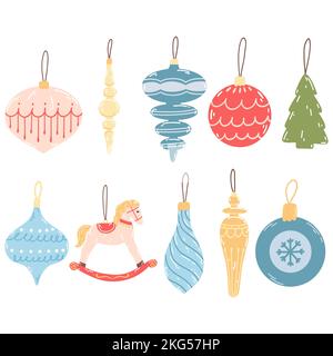 Ornamenti dell'albero di Natale in stile piano del cartone animato. Illustrazione vettoriale disegnata a mano dei baubles colorati decorativi di Capodanno Illustrazione Vettoriale