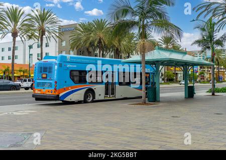 Anaheim, CA, USA – 2 novembre 2022: Un autobus CITTADINO OCTA a una fermata su Harbor Blvd nell'Anaheim Resort District di Anaheim, California. Foto Stock