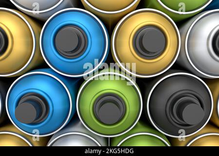 Set di lattine di vernice spray in fila su sfondo bianco. Flacone spray e dispenser Foto Stock