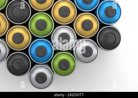 Set di lattine di vernice spray in fila su sfondo bianco. Flacone spray e dispenser Foto Stock