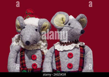 MR e Mrs Christmas mouse in abiti vacanze plaid isolato su rosso Foto Stock