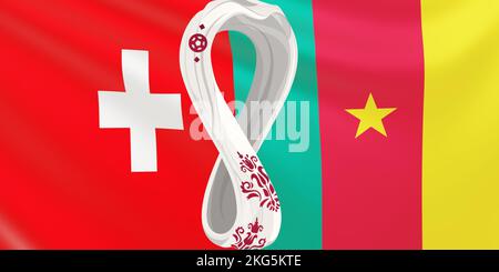 Resa della bandiera delle squadre nazionali di calcio Svizzera vs Camerun a FIFA 2022 in Qatar. 7000x3500. Bandiera in via di sviluppo delle squadre del mondo Foto Stock