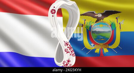 Rappresentazione della bandiera delle squadre nazionali di calcio olandesi e dell'Ecuador alla FIFA 2022 in Qatar. Bandiera in via di sviluppo delle squadre della Coppa del mondo. Foto Stock