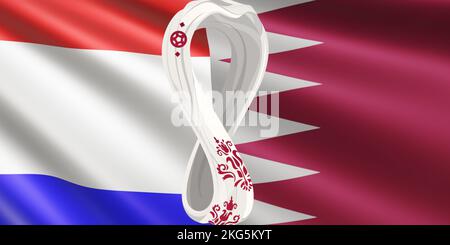 Rappresentazione della bandiera delle squadre nazionali di calcio olandesi e Qatar a FIFA 2022 in Qatar. Bandiera in via di sviluppo delle squadre della Coppa del mondo. Foto Stock