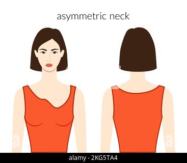 Asimmetrico scollo abiti carattere bella donna in top arancione, camicia, abito tecnico di moda illustrazione con corpo adattato. Modello di abbigliamento piatto anteriore, posteriore. Donne, uomini unisex CAD mockup Illustrazione Vettoriale