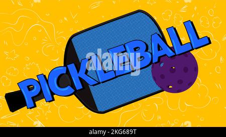 Pickleball. Parola scritta con il carattere dei bambini in stile cartone animato. Illustrazione Vettoriale