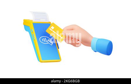 3d rendere pagamento a mano con carta tramite terminale pos, acquisto approvato con fattura cartacea. Concetto di transazioni senza contatto con dispositivo elettronico per il pagamento nfc wireless, illustrazione in stile cartoon plastico Foto Stock