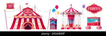 Tenda da circo, giostra, biglietteria e carrello popcorn. Luna Park, parco divertimenti con attrazioni, baldacchino circo e kioski isolati su sfondo bianco, illustrazione vettoriale dei cartoni animati Illustrazione Vettoriale