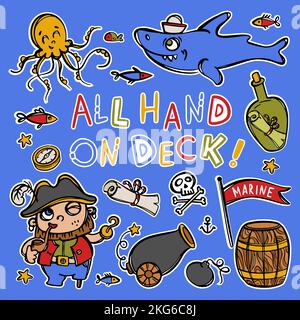 CAPTAIN GANCIO E SQUALO cranio e barile testo disegnato a mano Cartoon Pirate Stickers Clipart Mare attributi e oggetti vettore Illustrazione Set per il design Illustrazione Vettoriale